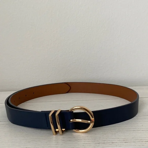 Elegant Navy Blue Belt with Gold Buckle - Picture 1 of 4